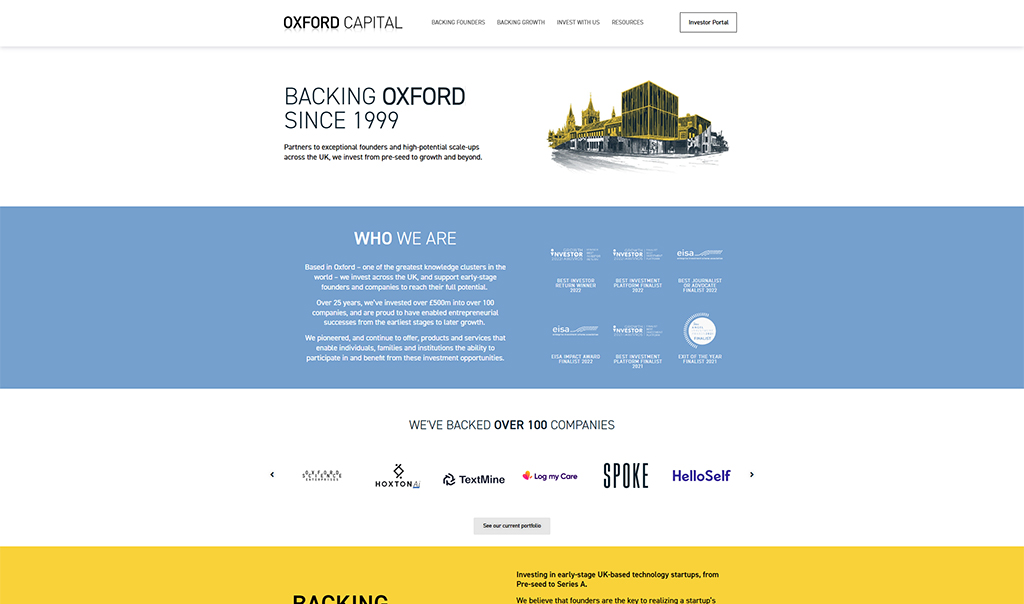 Homepage of Oxford Capital, showcasing their investment focus on early-stage companies in Oxford and the UK. The site highlights their history since 1999, their support for founders, and their portfolio of over 100 backed companies.