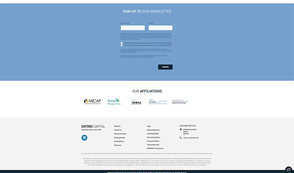 Newsletter sign-up form for Oxford Capital, featuring fields for first name and email, along with information about affiliations and contact details.
