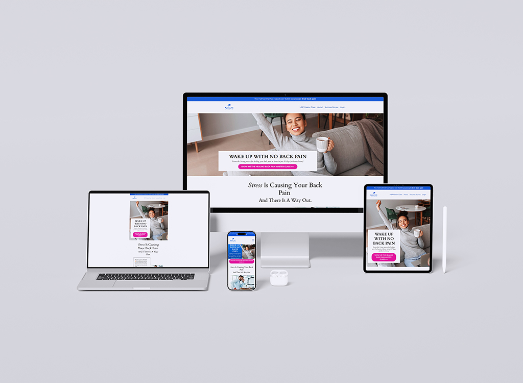 Image of multiple devices displaying a website focused on back pain relief, featuring a smiling woman with a coffee cup. The screens show content related to stress and back pain solutions, emphasizing a call to action for a pain-free lifestyle.