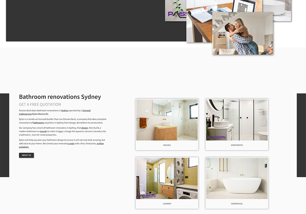 Alt text: A webpage showcasing bathroom renovation services in Sydney by Passion Built, featuring images of modern bathrooms, including a shower area, a stylish bathtub, and a laundry space, along with a brief description of their services and a call to action for a free quotation.