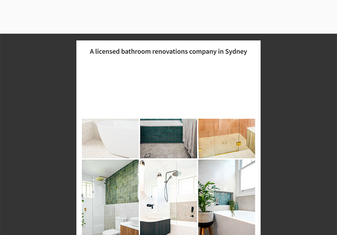 Collage of modern bathroom renovations showcasing various styles, including freestanding bathtubs, tiled walls, and glass shower enclosures, by a licensed bathroom renovations company in Sydney.