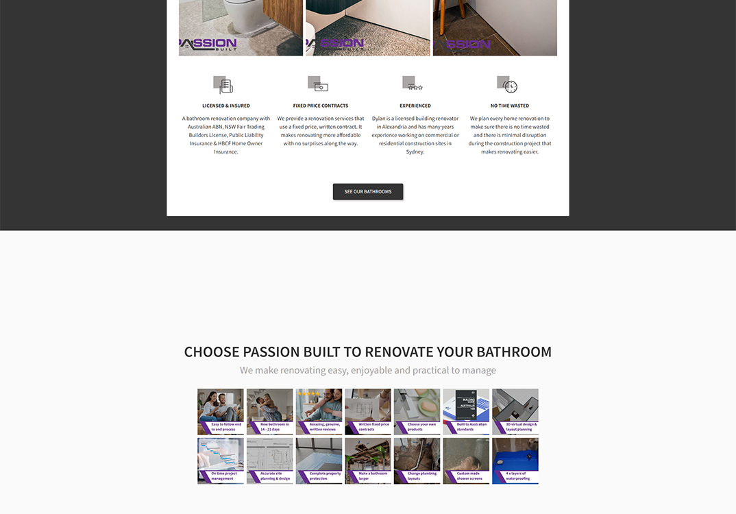 Website section promoting Passion Built bathroom renovation services, highlighting licensed and insured contractors, fixed price contracts, and efficient project management. Features images representing various renovation aspects, including design planning, project management, and customer satisfaction.