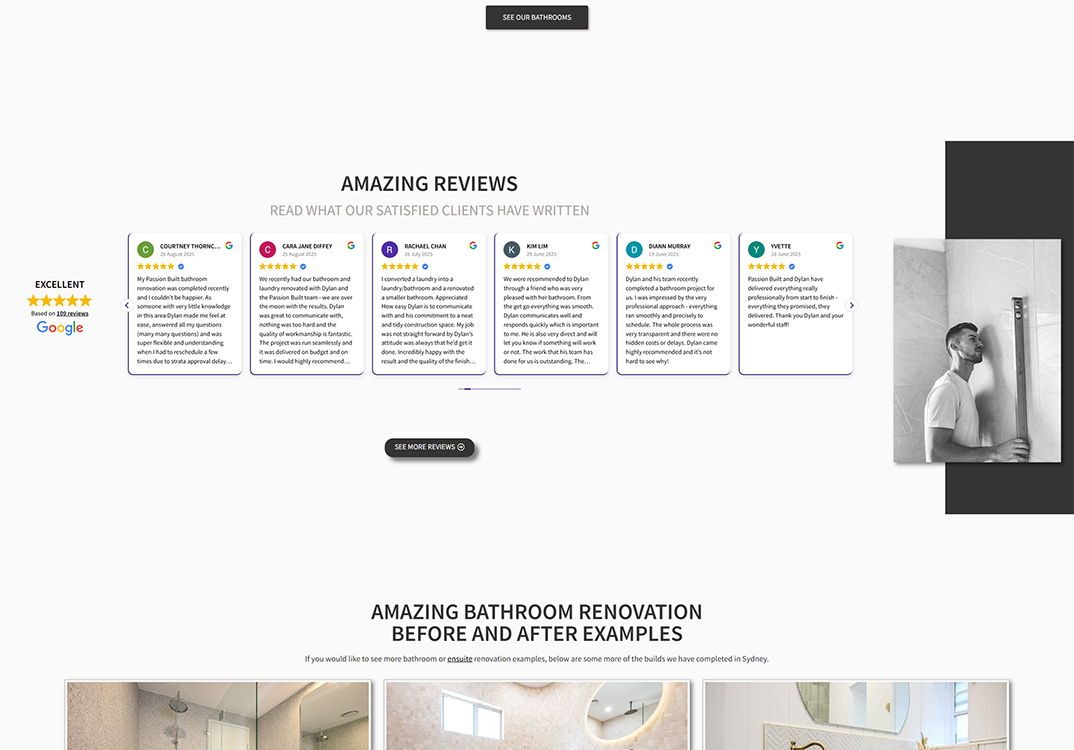 Alt text: A collection of positive customer reviews for a bathroom renovation company, showcasing five-star ratings and testimonials about their excellent service, quality work, and professionalism. The image features a person measuring a wall, emphasizing attention to detail in renovations.