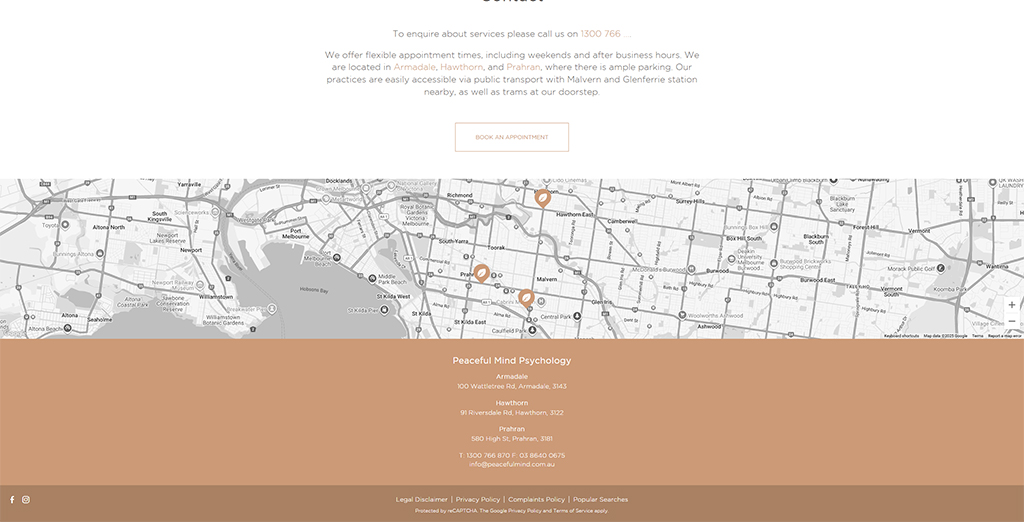 Map showing the locations of Peaceful Mind Psychology in Armadale and Hawthorn, with nearby public transport options and parking availability.
