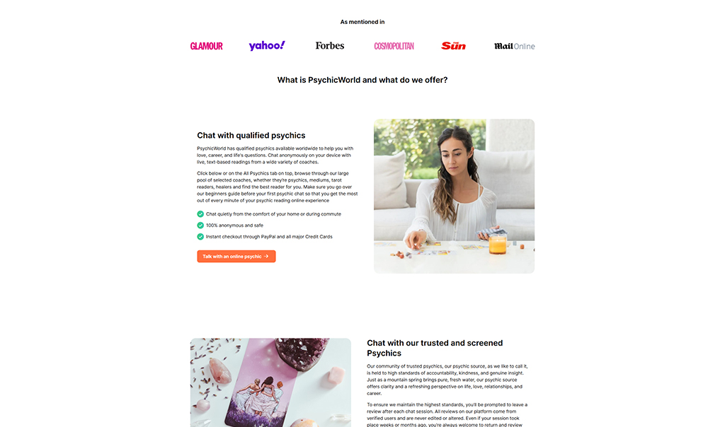 Woman practicing tarot reading at home with crystals and candles, representing online psychic services offered by PsychicWorld for guidance on love, career, and life questions.