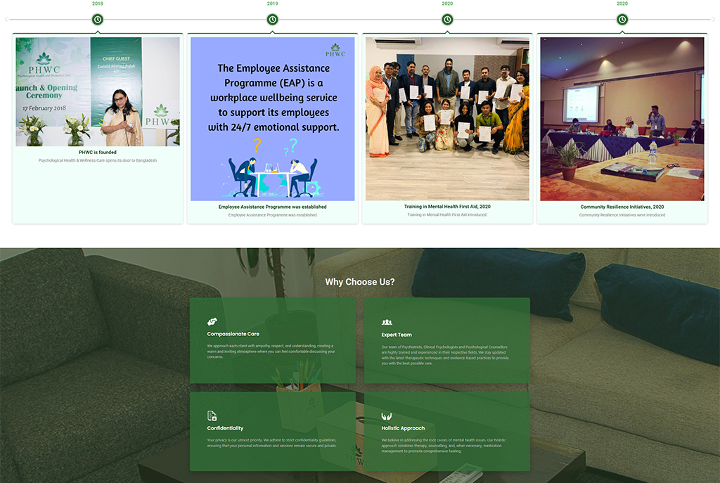 Alt text: Timeline of Psychological Health and Wellness Care (PHWC) milestones from 2018 to 2020, featuring the launch ceremony, establishment of the Employee Assistance Programme, training in Mental Health First Aid, and Community Resilience Initiatives, along with a cozy consultation space emphasizing compassionate care and confidentiality.