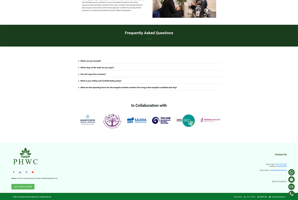Image of the PHWC website footer showcasing frequently asked questions, collaboration logos, and contact information for psychological health services.