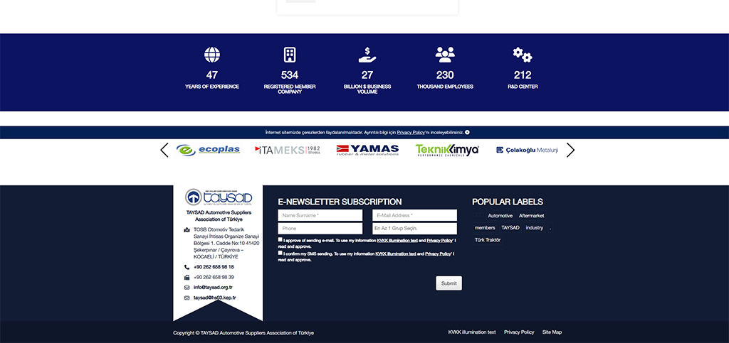 Infographic showcasing key statistics of the TAYSAD Automotive Suppliers Association of Turkey, including 47 years of experience, 534 registered member companies, 27 billion USD business volume, 230 employees, and 212 R&D centers. The footer features contact information, e-newsletter subscription form, and popular labels related to the automotive industry.
