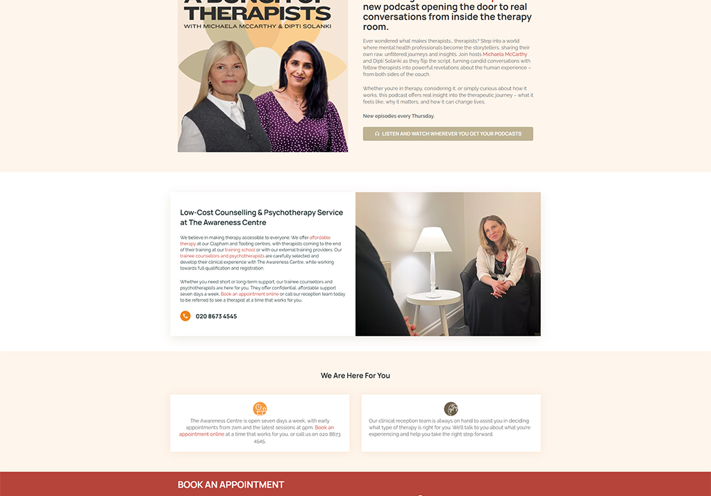 Two therapists engaged in a conversation in a therapy room, promoting a podcast that explores mental health discussions and the therapeutic journey. The image highlights the importance of accessible counseling services at The Awareness Centre.