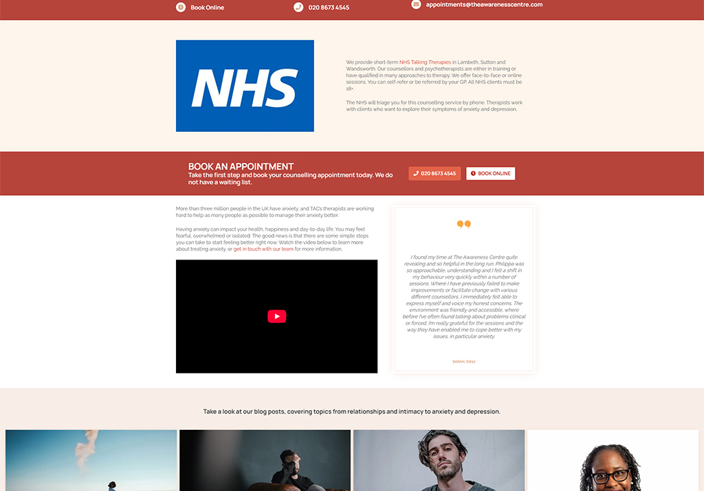 NHS Talking Therapies website homepage featuring information on anxiety counseling services in Lambeth, Sutton, and Wandsworth, including appointment booking options and client testimonials.