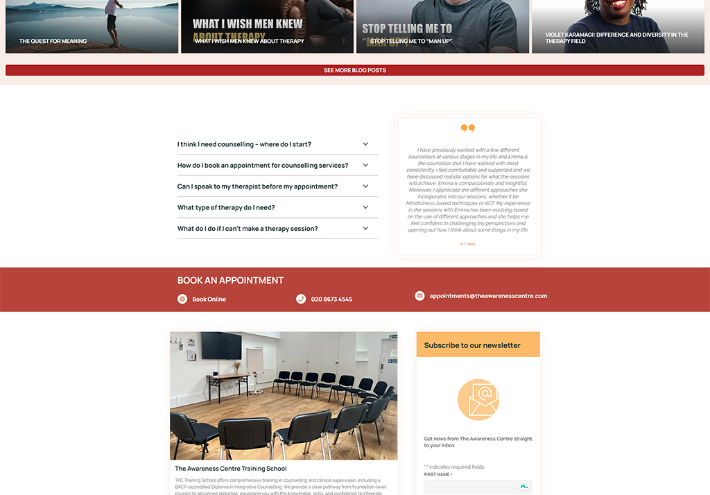 Image of a website layout for The Awareness Centre, featuring sections for blog posts about therapy, client testimonials, and information on booking counselling appointments. The design includes a welcoming training room setting, emphasizing mental health support and diverse therapy approaches.