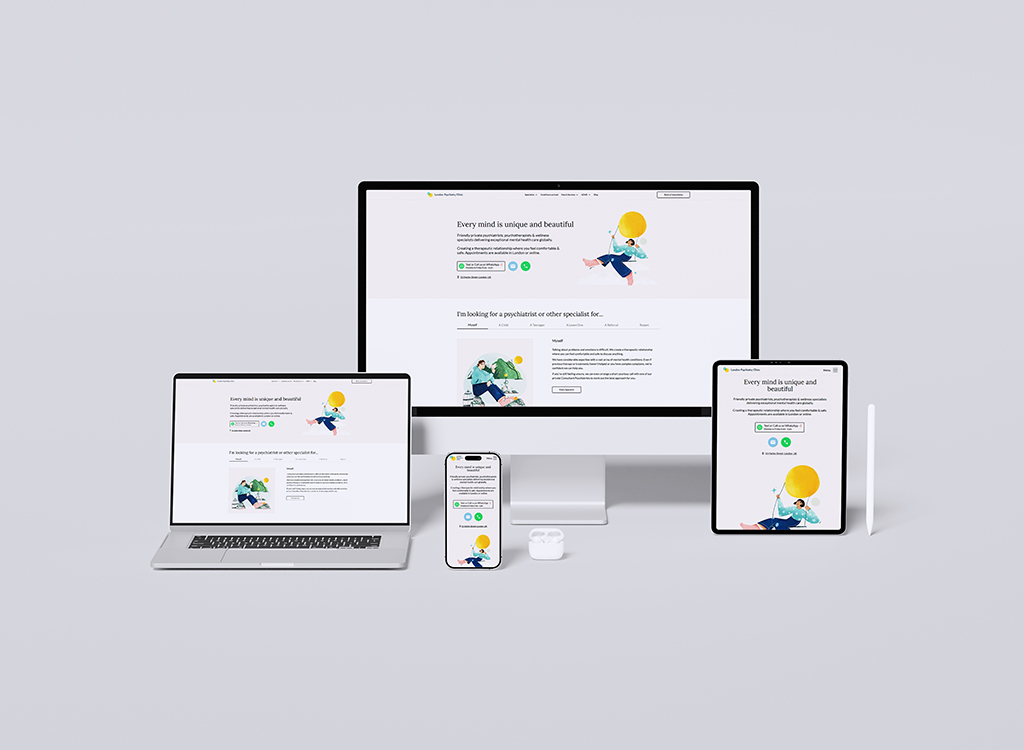 Multiple devices displaying a colorful, user-friendly website focused on mental health, showcasing the message 