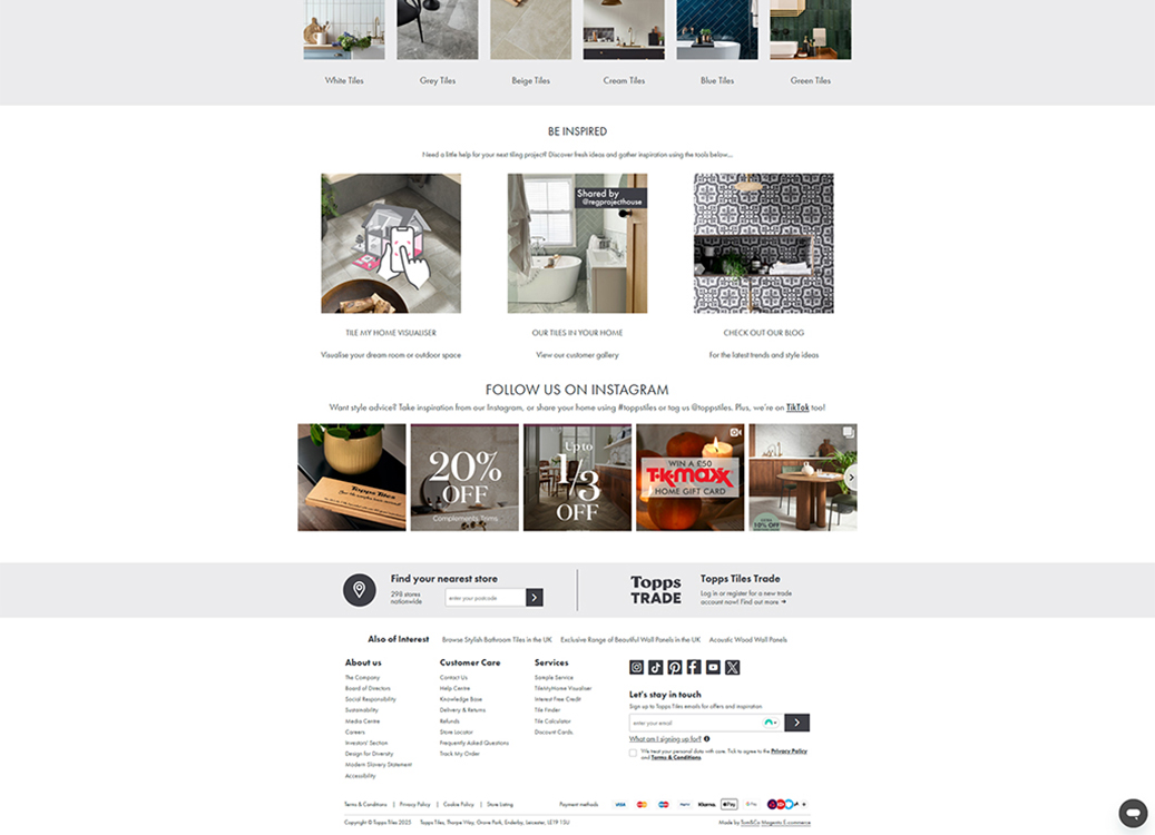 Website homepage layout featuring a variety of tile options, promotional offers, and links to social media for home improvement inspiration. Includes sections for visualizing home projects, customer galleries, and blog updates on the latest trends.