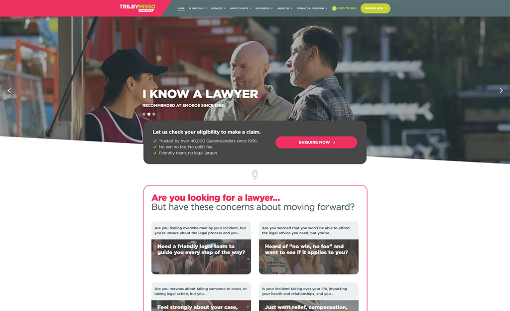 Homepage of Trilby Misso Lawyers featuring a welcoming message about legal support, emphasizing trust and a friendly approach. The layout includes options for user inquiries and addresses common concerns about legal processes.
