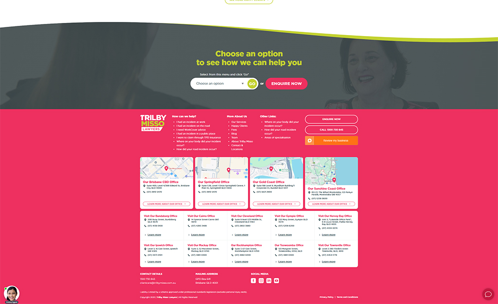 Website homepage for Trilby Misso Lawyers featuring contact options, office locations, and services for personal injury law. The design includes a vibrant pink and yellow color scheme with links to various legal services and contact information.