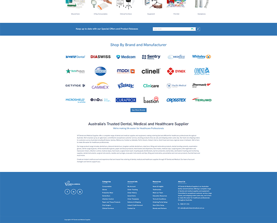 Alt text: A webpage showcasing a variety of dental, medical, and healthcare supplies from multiple brands, highlighting categories such as wound care, clinical furniture, and first aid. The site emphasizes its role as a trusted supplier in Australia for healthcare professionals.