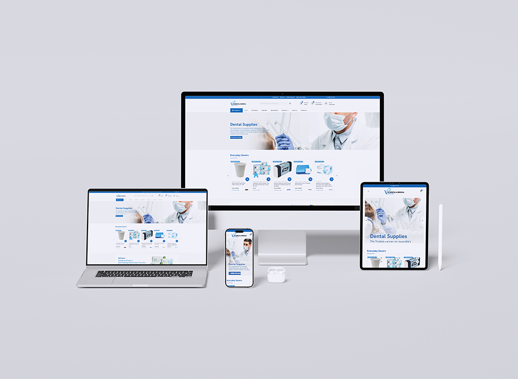 Desktop, laptop, tablet, and smartphone displaying a dental supplies website, showcasing products and services for dental professionals, with a clean and modern design.