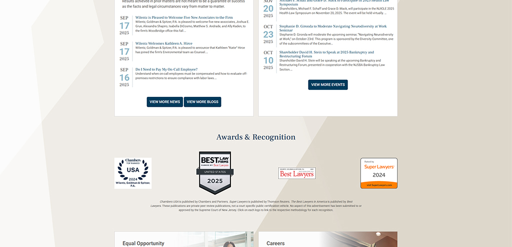 Website homepage featuring recent news and events for Winer, Goldin & Spitzer, P.A., including new associate announcements and upcoming seminars. Highlights awards and recognitions from Chambers USA and Best Lawyers, emphasizing the firm's commitment to excellence and career opportunities.