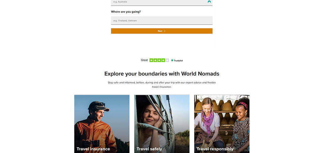 Travel insurance and safety services offered by World Nomads, featuring an interactive travel destination search bar and informative sections on travel insurance, safety, and responsible travel practices.