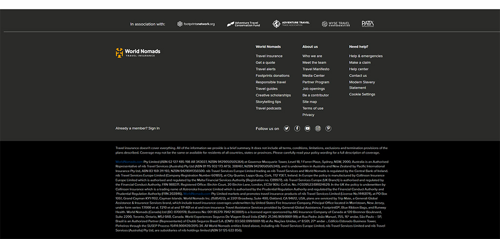 World Nomads footer section displaying travel insurance information, links to services, and company details, with a focus on responsible travel and support for travelers.