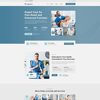 Homepage of a healthcare website offering expert care for pain relief and enhanced function, featuring a professional clinician, service highlights, and patient testimonials.