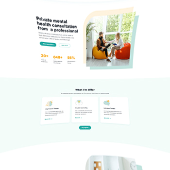 Image of a private mental health consultation website featuring two individuals engaging in conversation in a bright, welcoming environment. The site promotes professional mental health services with key features highlighted, including consultation options and benefits.